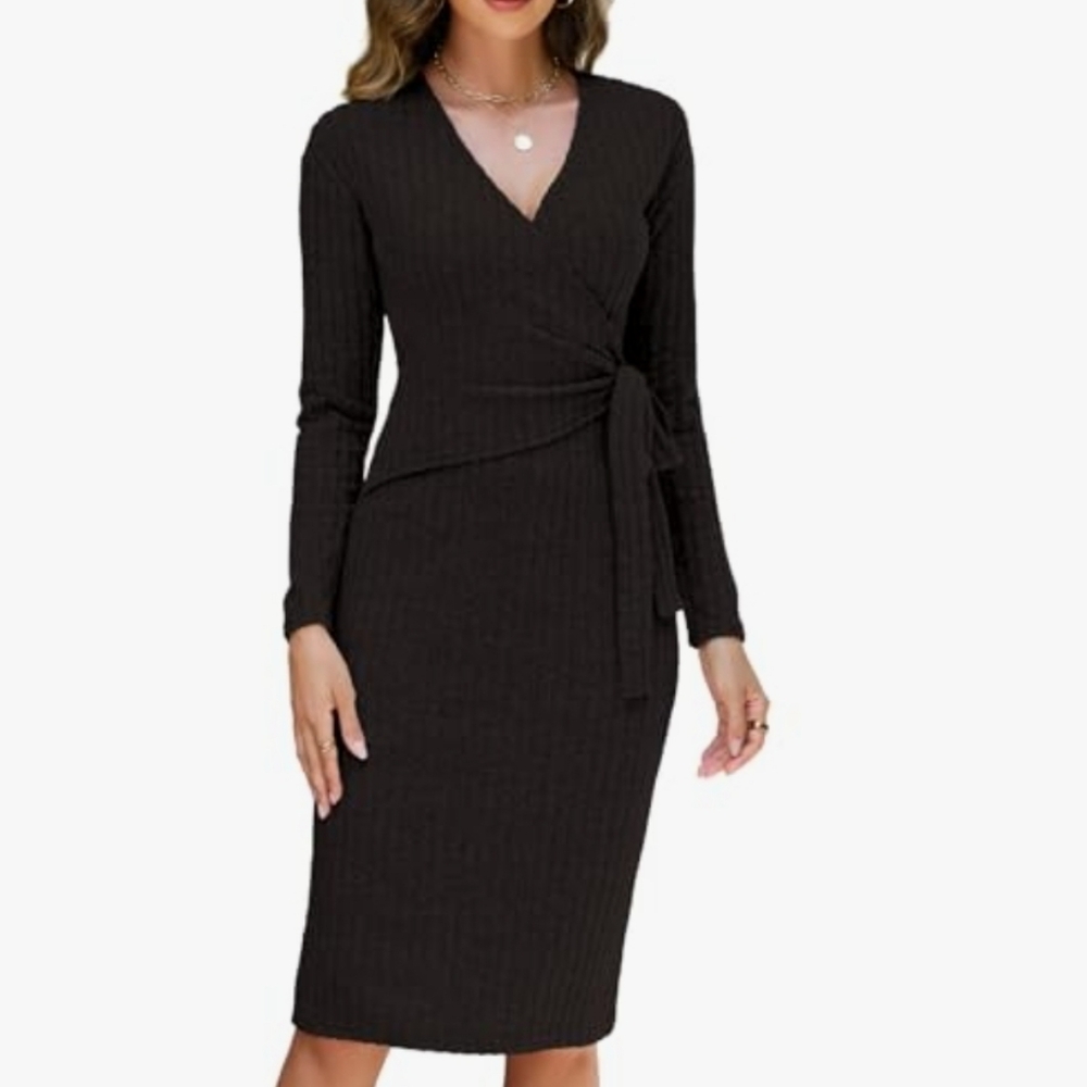 V Neck Tie Waist Wrap Midi Dress